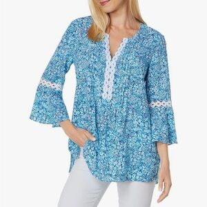 Lilly Pulitzer Hollie Floral Blue/White V-Neck Tunic Blouse  Large